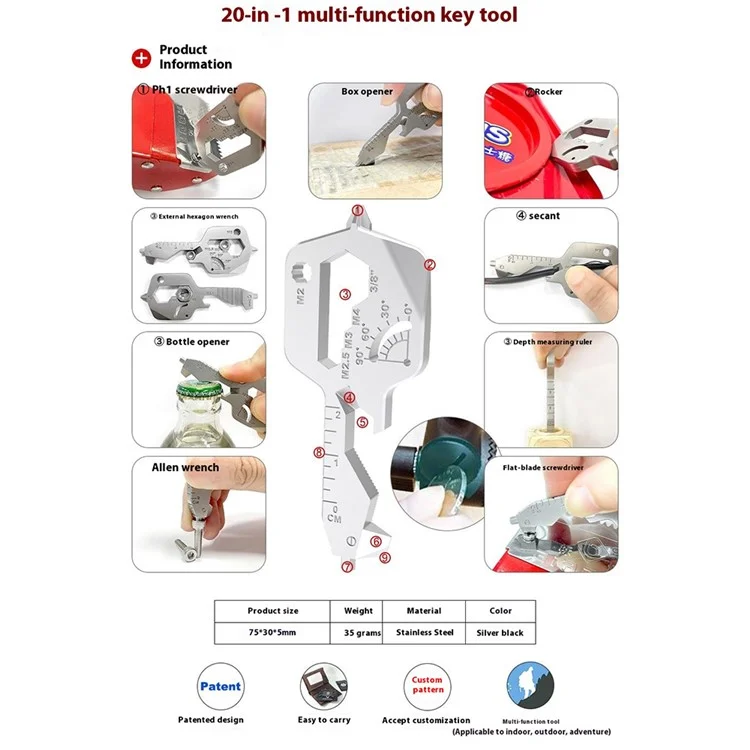 20 en 1 Outil Multifonction EDC Outil Clé de Poche en Acier Inoxydable Randonnée Camping Survie Mini Outil