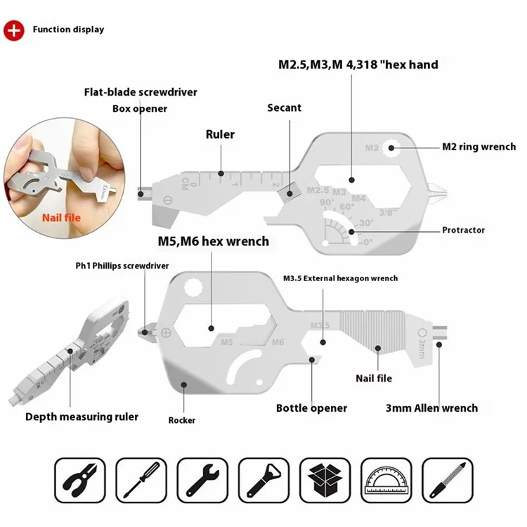 20 en 1 Outil Multifonction EDC Outil Clé de Poche en Acier Inoxydable Randonnée Camping Survie Mini Outil