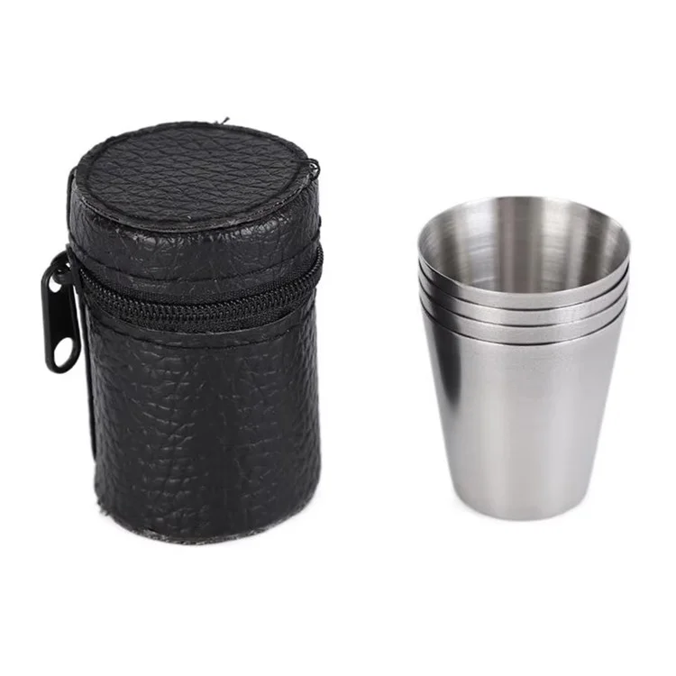 30ml Outdoor 201 Edelstahl-Schnapsglas-Set 4 Stück Mini-Becher mit PU-Lederetui für Camping / Picknick