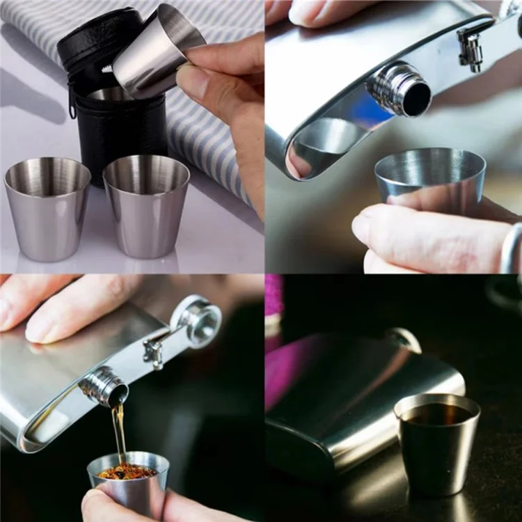 30ml Outdoor 201 Edelstahl-Schnapsglas-Set 4 Stück Mini-Becher mit PU-Lederetui für Camping / Picknick
