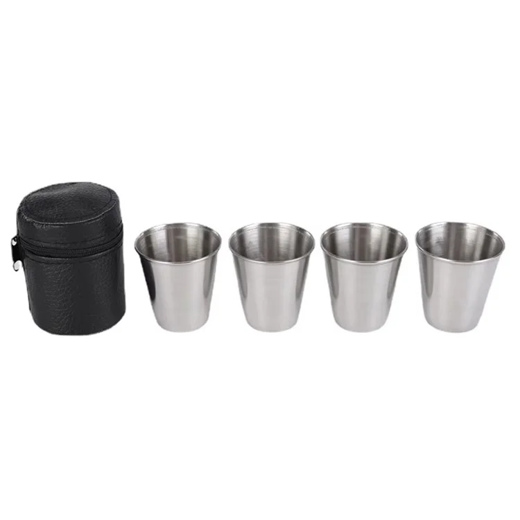 30ml Outdoor 201 Edelstahl-Schnapsglas-Set 4 Stück Mini-Becher mit PU-Lederetui für Camping / Picknick