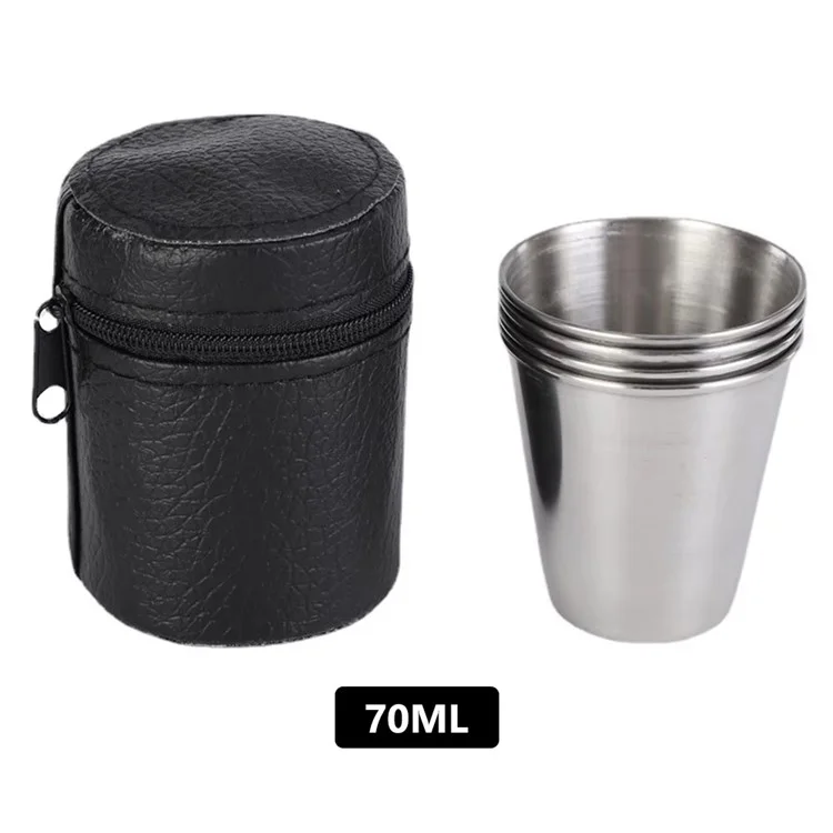30ml Outdoor 201 Edelstahl-Schnapsglas-Set 4 Stück Mini-Becher mit PU-Lederetui für Camping / Picknick