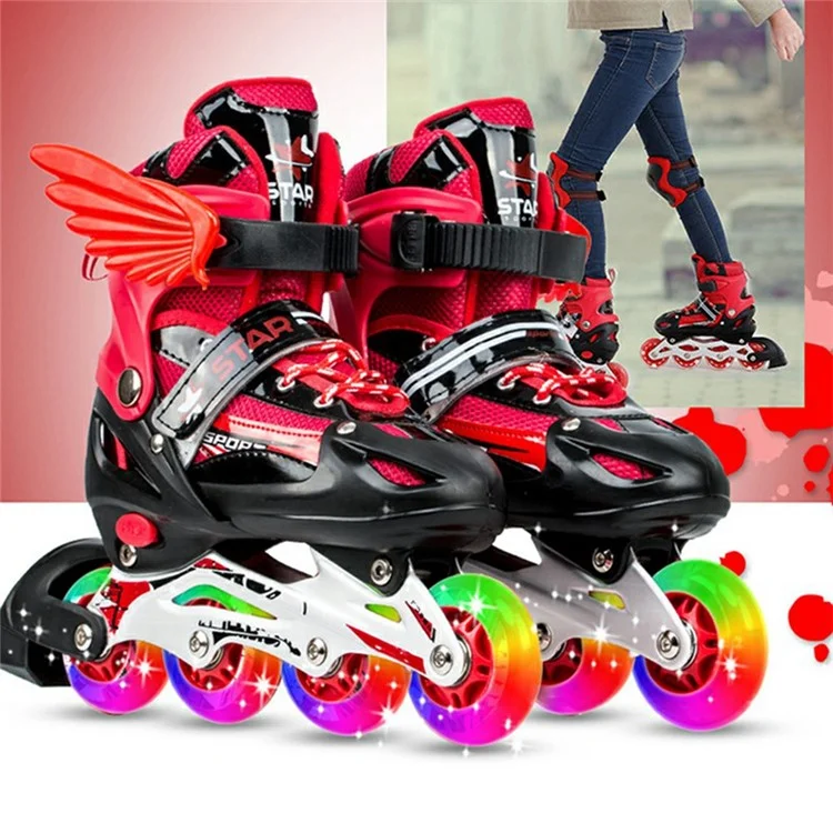1 Pair Children Full Flash 8 Wheels Roller Skates Skating Shoes with Helmet and Protective Gear , Size M - Red