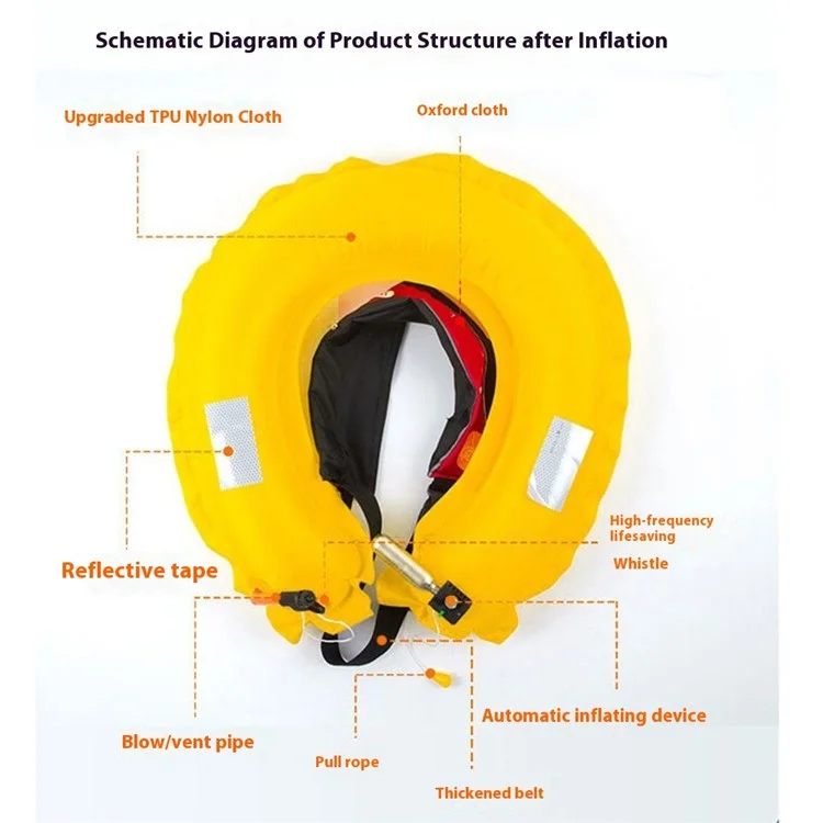 JIHANG Gilet de Sauvetage Gonflage Automatique Portable en Nylon 600D - Anneau de Flottaison de Secours pour Pêche - Jaune