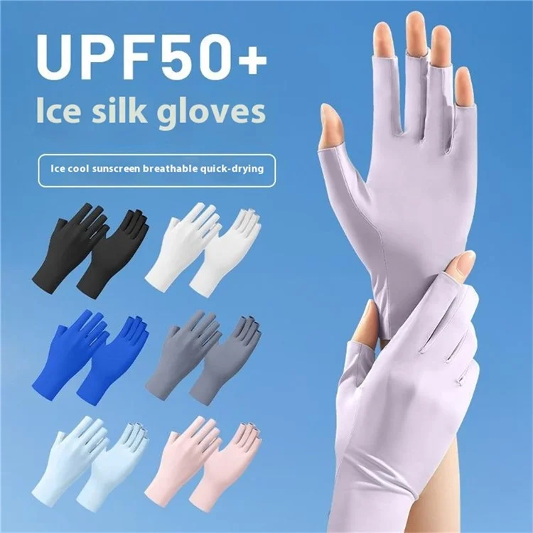 JLST 1 Pair Women Summer Thin Ice Silk UV Protection Gloves Breathable Cycling Manicure Half Finger Gloves - Sky Blue
