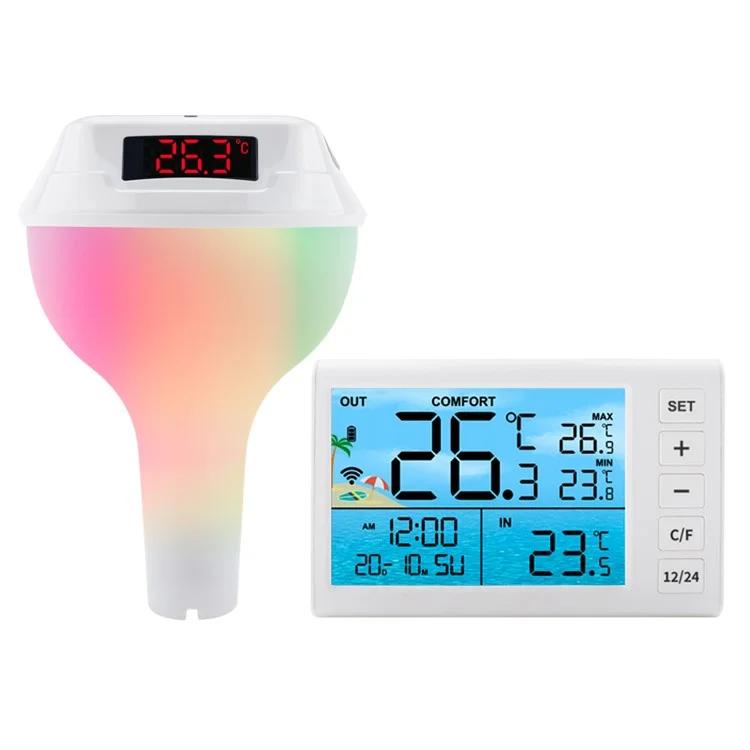 TS-PL01 Wireless Floating Pool Thermometer Solar Powered Digital Display Water Temperature Meter with RGB Light - White
