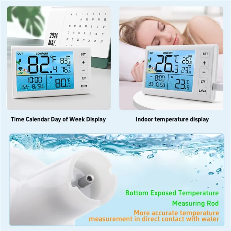 TS-PL01 Wireless Floating Pool Thermometer Solar Powered Digital Display Water Temperature Meter with RGB Light - White