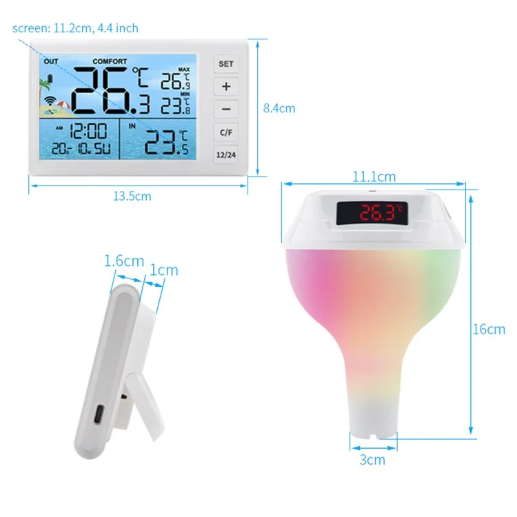 TS-PL01 Wireless Floating Pool Thermometer Solar Powered Digital Display Water Temperature Meter with RGB Light - White