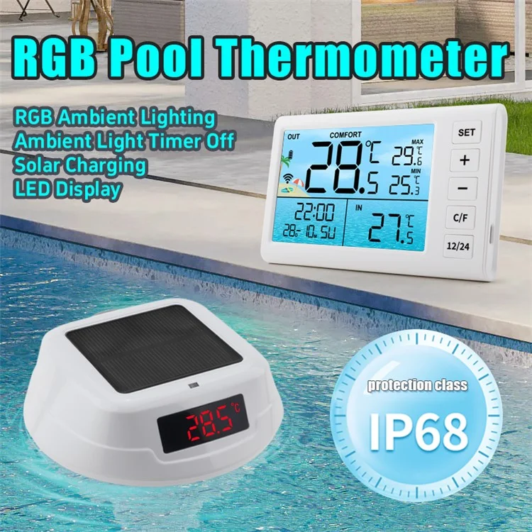 TS-PL01 Wireless Floating Pool Thermometer Solar Powered Digital Display Water Temperature Meter with RGB Light - White