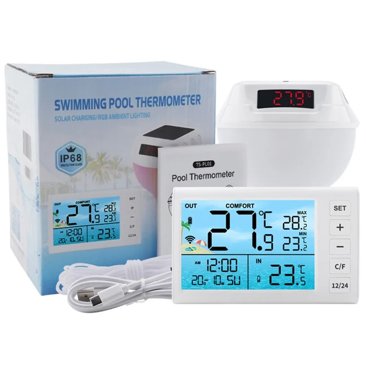 TS-PL01 Wireless Floating Pool Thermometer Solar Powered Digital Display Water Temperature Meter with RGB Light - White