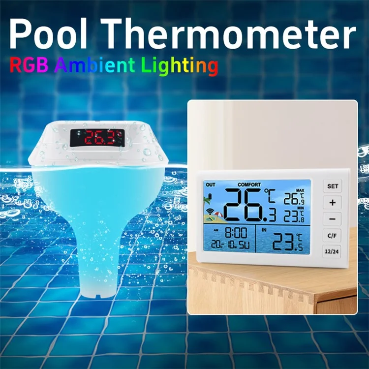 TS-PL01 Wireless Floating Pool Thermometer Solar Powered Digital Display Water Temperature Meter with RGB Light - White