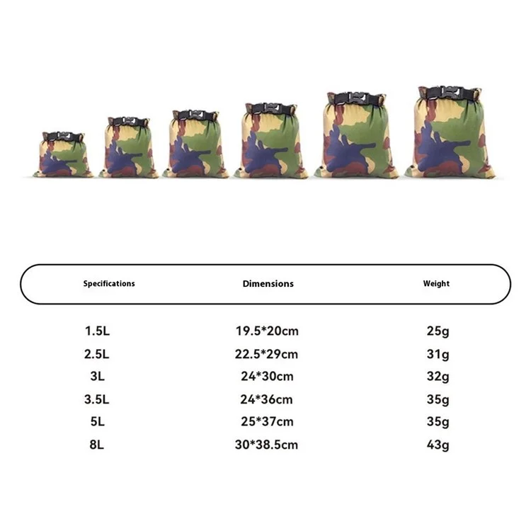 6Pcs / Set Outdoor IPX3 Waterproof Storage Bags Roll Top Closure Dry Sacks, 1.5L / 2.5L / 3L / 3.5L / 5L / 8L