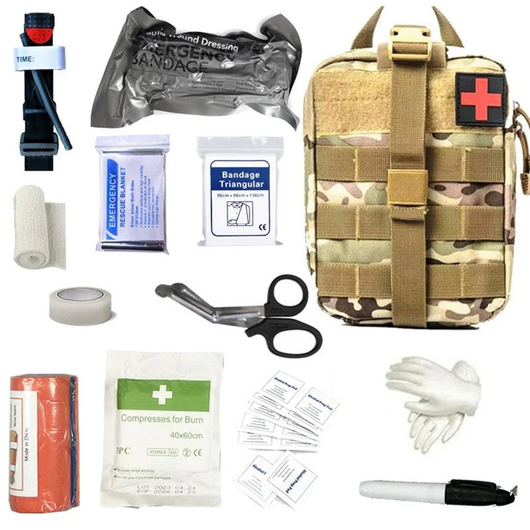 Kit de Emergência Tático com 33 Peças para Primeiros Socorros em Ambiente Externo, com Bolsa de Armazenamento - Camuflagem CP