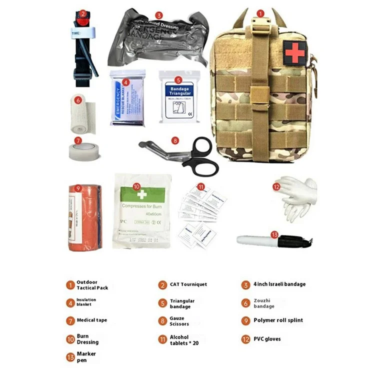 Kit de Emergência Tático com 33 Peças para Primeiros Socorros em Ambiente Externo, com Bolsa de Armazenamento - Camuflagem CP