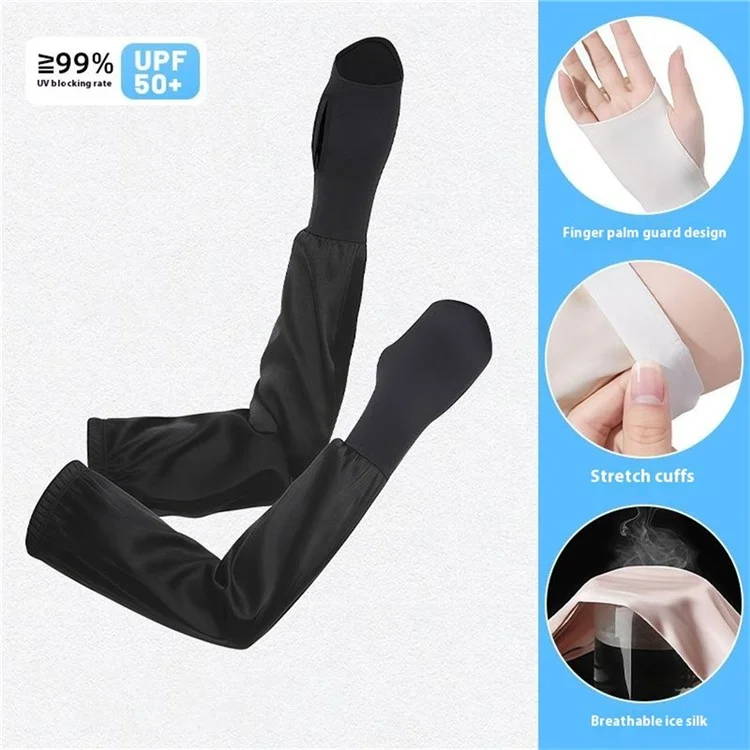 1 Pair Summer Sun Protection Arm Sleeves Outdoor Activities Loose Elastic Ice Silk Sleeve with Hand Protection Design - Black