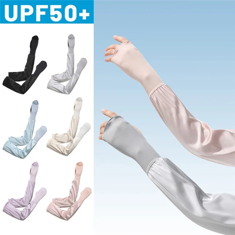 1 Pair Summer Sun Protection Arm Sleeves Outdoor Activities Loose Elastic Ice Silk Sleeve with Hand Protection Design - Black