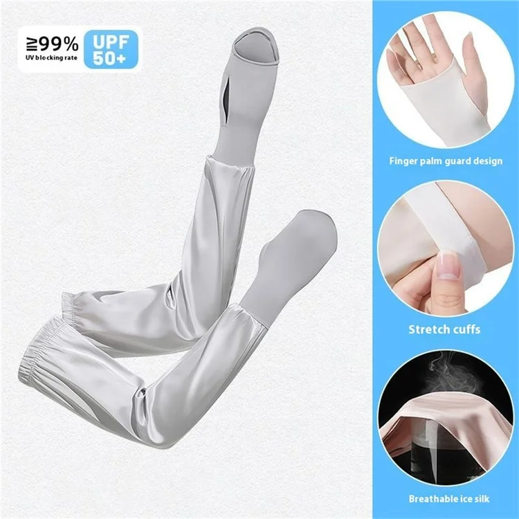 1 Pair Summer Sun Protection Arm Sleeves Outdoor Activities Loose Elastic Ice Silk Sleeve with Hand Protection Design - Grey