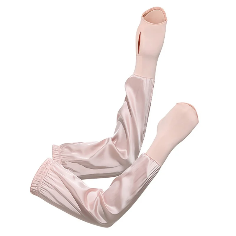 1 Pair Summer Sun Protection Arm Sleeves Outdoor Activities Loose Elastic Ice Silk Sleeve with Hand Protection Design - Pink