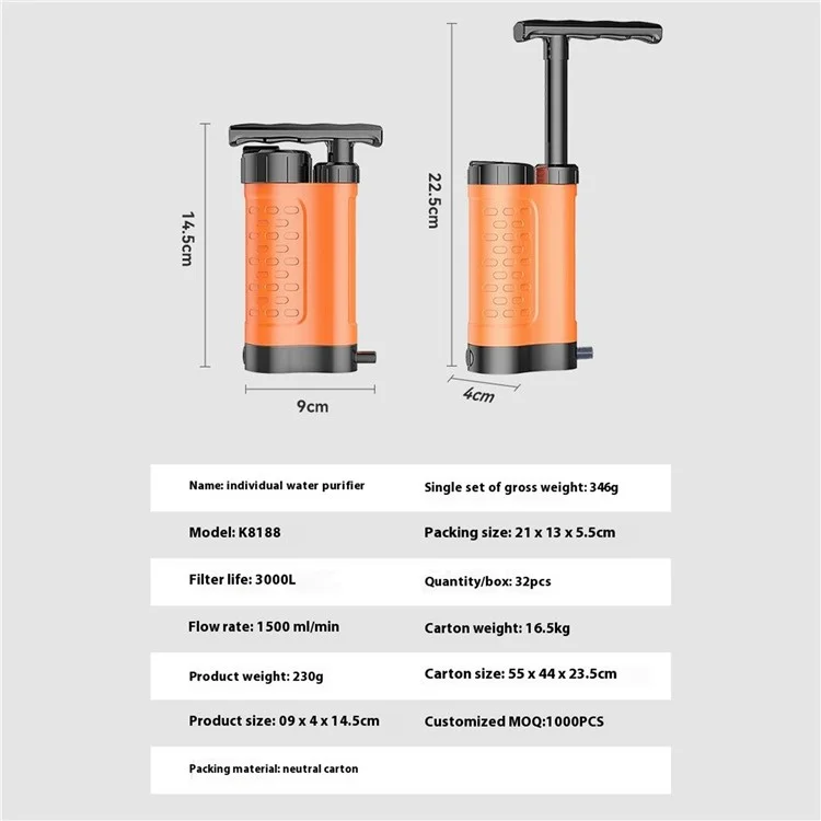 K8188 Portable Water Filter System for Outdoor Survival Emergency Water Pump Filtration Purifier (BPA Free, No FDA) - Orange