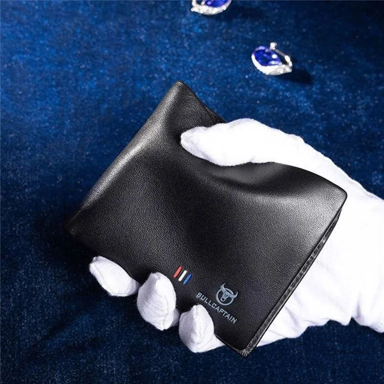 BULLCAPTAIN QB0003 Top Layer Cowhide Leather Wallet Men Bifold Cards Cash Holder with Keychain