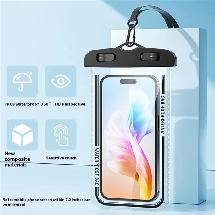 5025 Waterproof 7.2 Inch Phone Pouch IPX8 Touchscreen Swimming Underwater Phone Bag with Lanyard - Black