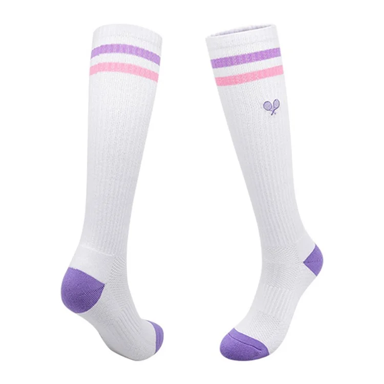 PORFIN 1 Pair Tennis Racket Embroidery Compression Sports Socks Breathable Mesh Long Tube Socks, Size M - White+Purple+Pink