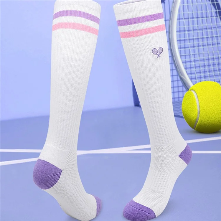 PORFIN 1 Pair Tennis Racket Embroidery Compression Sports Socks Breathable Mesh Long Tube Socks, Size M - White+Purple+Pink