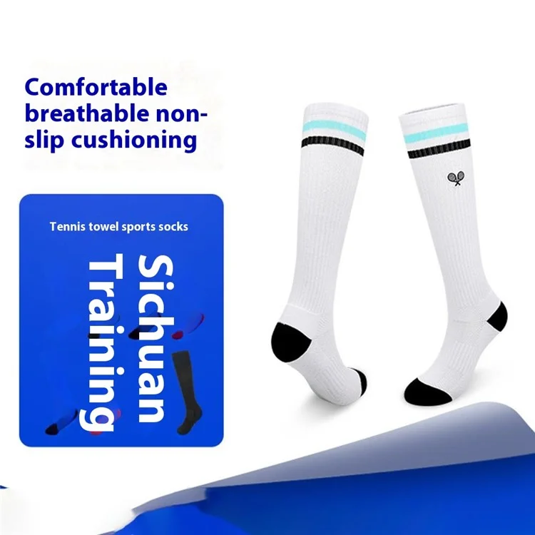 PORFIN 1 Pair Tennis Racket Embroidery Compression Sports Socks Breathable Mesh Long Tube Socks, Size M - White+Purple+Pink