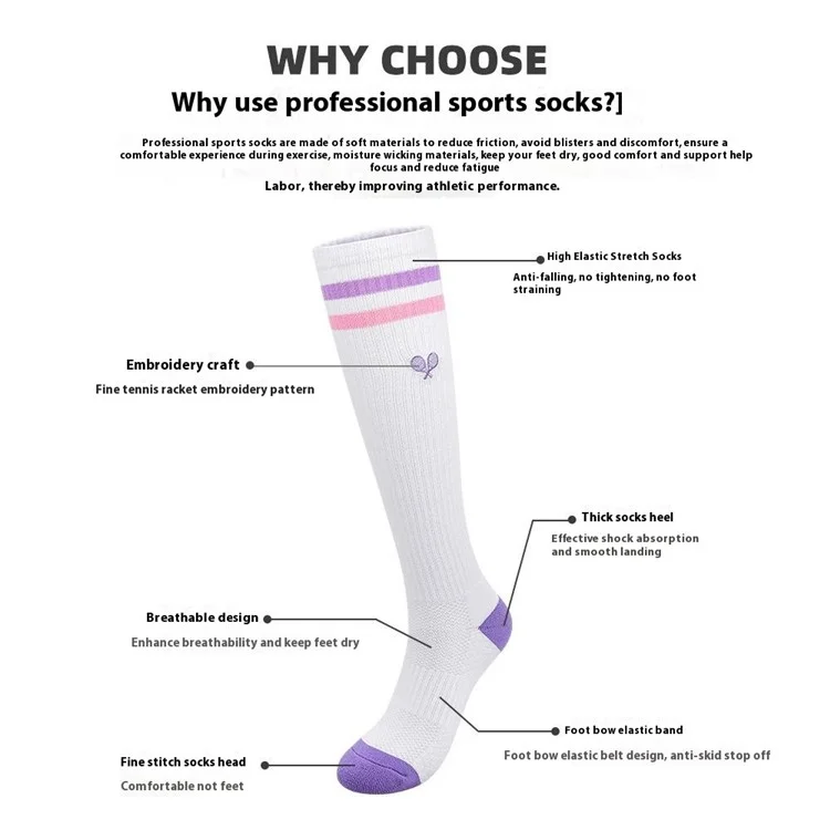 PORFIN 1 Pair Tennis Racket Embroidery Compression Sports Socks Breathable Mesh Long Tube Socks, Size M - White+Purple+Pink