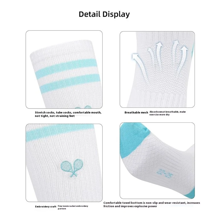 PORFIN 1 Pair Tennis Racket Embroidery Compression Sports Socks Breathable Mesh Long Tube Socks, Size M - White+Purple+Pink