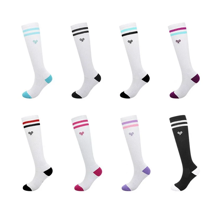 PORFIN 1 Pair Tennis Racket Embroidery Compression Sports Socks Breathable Mesh Long Tube Socks, Size M - White+Purple+Pink