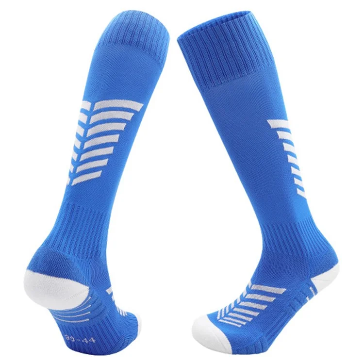 PORFIN 1 Paar Sommer Lange Fußballsocken Herren Schnell Trocknend Rutschfest Hohe Röhrensocken mit Frottee-Sohle, Größe S - Dunkelblau+Weiß
