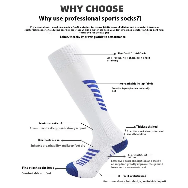 PORFIN 1 Paar Sommer Lange Fußballsocken Herren Schnell Trocknend Rutschfest Hohe Röhrensocken mit Frottee-Sohle, Größe S - Dunkelblau+Weiß