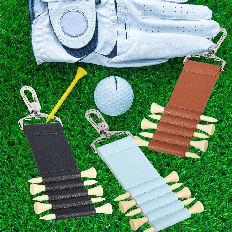 KIU514 Étui de rangement en cuir PU pour tés de golf avec 5 tés en bambou Accessoire de golf portable - Noir