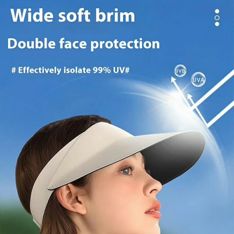 Foldable Wide Brim Hollow Top Sun Hat Women UV Protection Breathable Ice Silk Running Visor Cap - Black