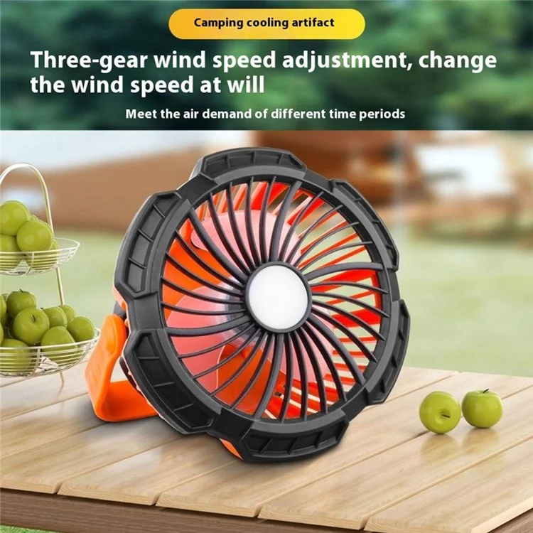 19GU0005 Ventilateur de camping extérieur avec 3 vitesses de vent et lampe LED rechargeable à suspendre - Orange