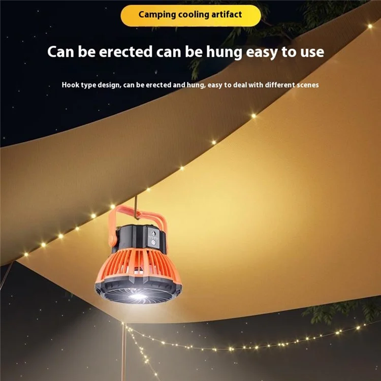 19GU0005 Ventilateur de camping extérieur avec 3 vitesses de vent et lampe LED rechargeable à suspendre - Orange