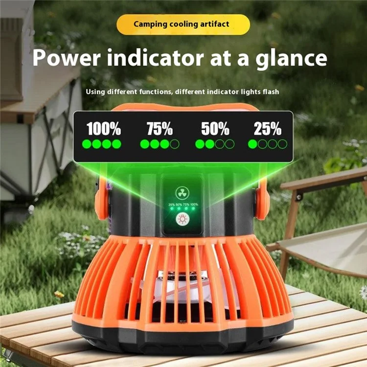 19GU0005 Ventilateur de camping extérieur avec 3 vitesses de vent et lampe LED rechargeable à suspendre - Orange