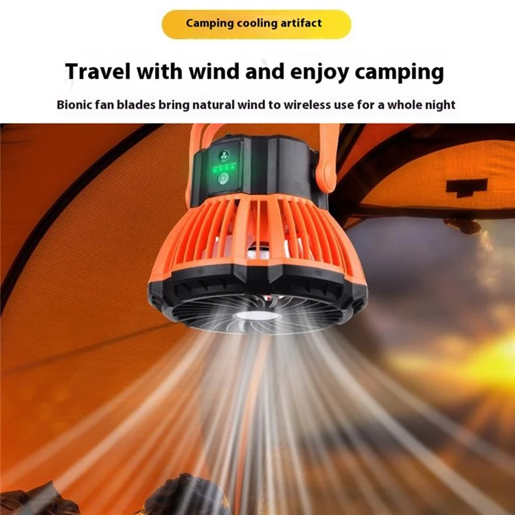 19GU0005 Ventilateur de camping extérieur avec 3 vitesses de vent et lampe LED rechargeable à suspendre - Orange