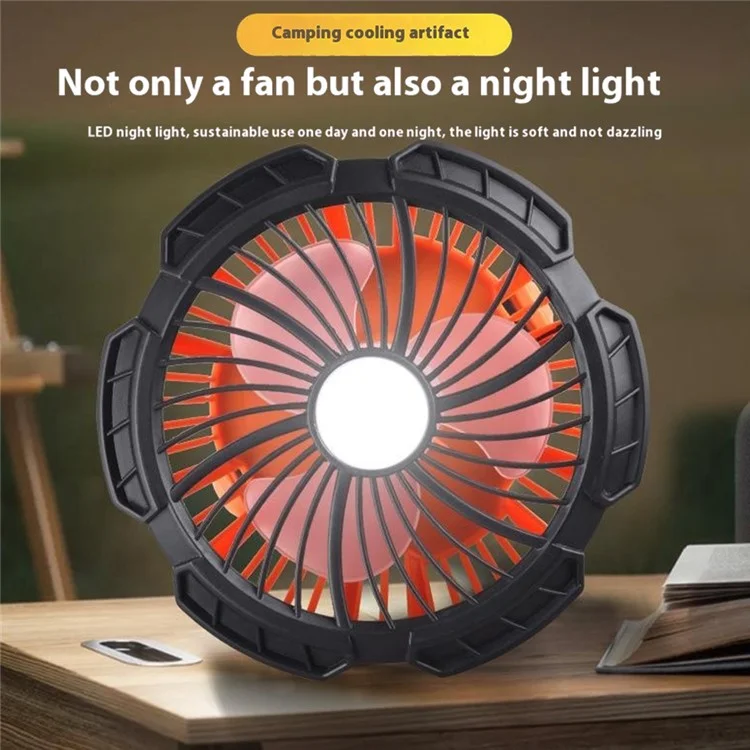 19GU0005 Ventilateur de camping extérieur avec 3 vitesses de vent et lampe LED rechargeable à suspendre - Orange