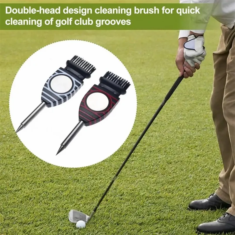 Brosse de nettoyage portable à double tête pour clubs de golf - Outil de nettoyage des rainures en acier inoxydable - Noir+Rouge