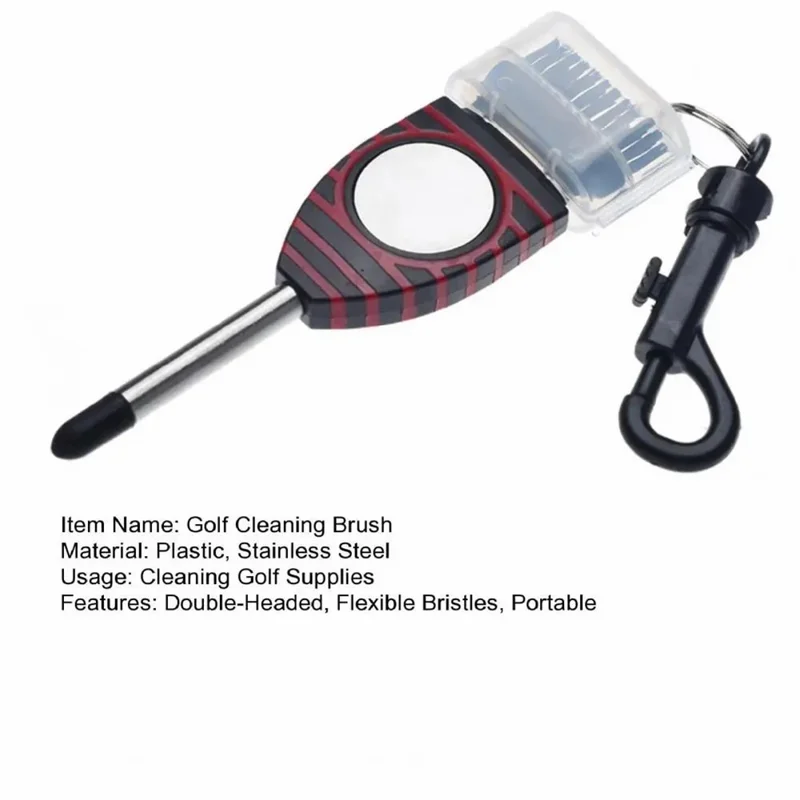 Brosse de nettoyage portable à double tête pour clubs de golf - Outil de nettoyage des rainures en acier inoxydable - Noir+Rouge