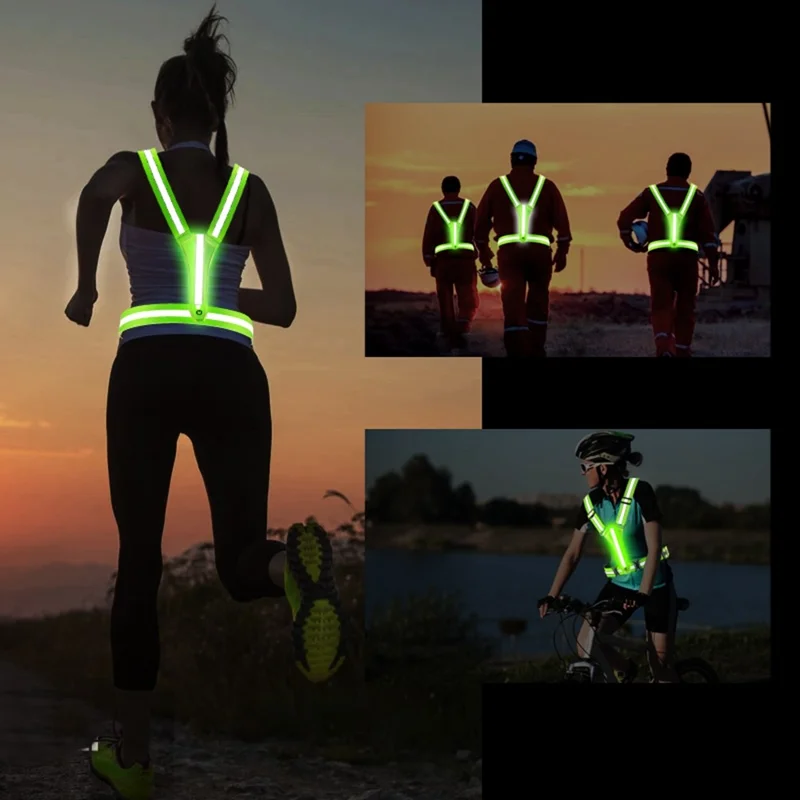 Gilet de course réfléchissant L1 avec lumière LED rechargeable pour cyclisme et jogging - Vert