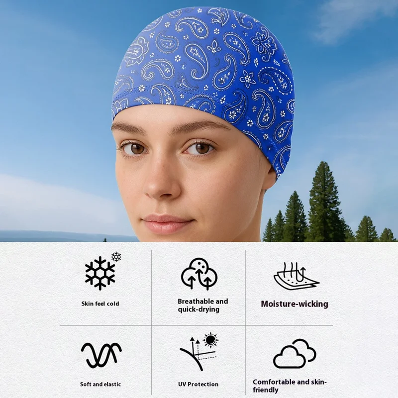 Summer Sun Protection Beanie Hat Paisley Pattern Milk Silk Motorcycle Helmet Liner Cap - Blue