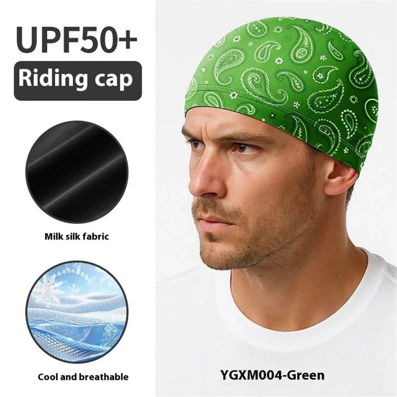 Summer Sun Protection Beanie Hat Paisley Pattern Milk Silk Motorcycle Helmet Liner Cap - Green