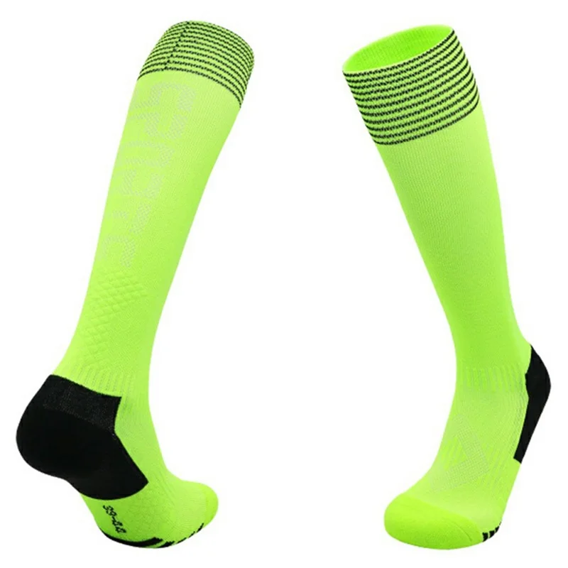 PORFIN 1 Pair Professional Soccer Socks Thicken Non-Slip Terry Bottom Long Tube Socks, M for Shoe Size 34-38 - Fluorescent Green