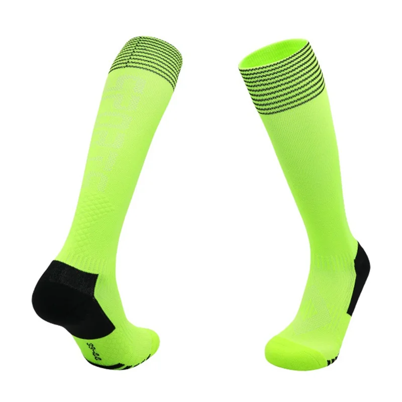 PORFIN 1 Paire de Chaussettes de Football Professionnelles Épaissies Antidérapantes avec Semelle en Éponge, Long Tube, Taille L pour Pointure 39-44 - Vert Fluorescent