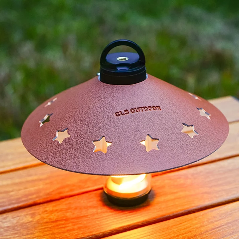 CLS Taille L Abat-jour Design Étoile Housse en Cuir PU Portable pour Camping Extérieur - Marron