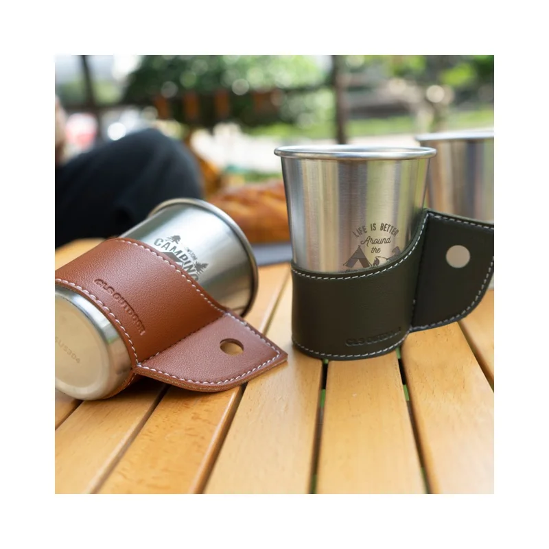 Manchon en cuir PU CLS Outdoor pour tasse de camping, pique-nique et BBQ - Protection contre la chaleur et les brûlures - Marron clair