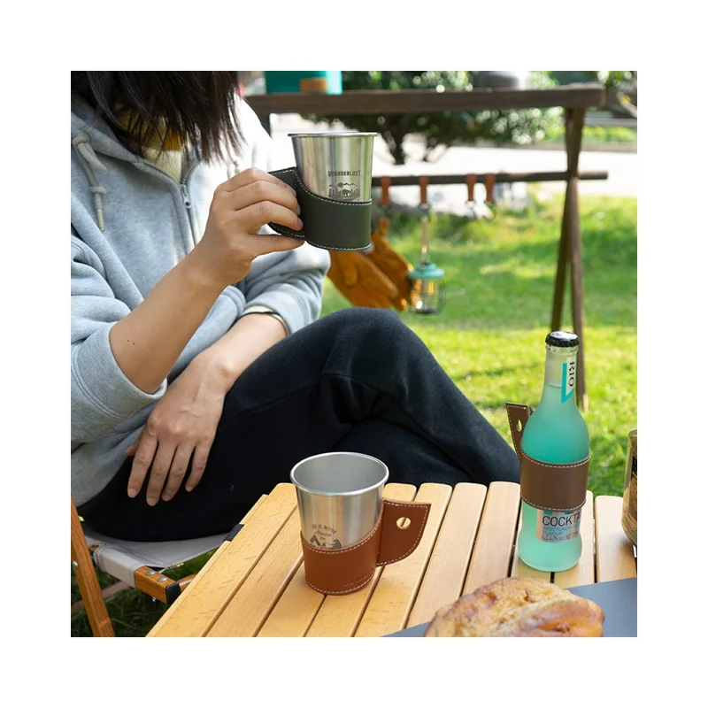 Manchon en cuir PU CLS Outdoor pour tasse de camping, pique-nique et BBQ - Protection contre la chaleur et les brûlures - Marron clair